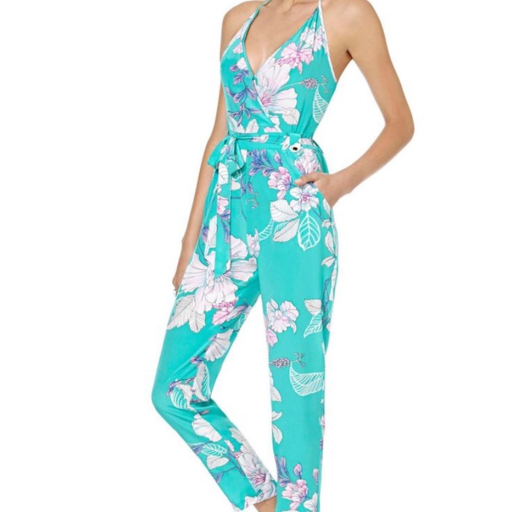 Yumi Kim Silk Halter Teal Floral Jumpsuit XS NWT
